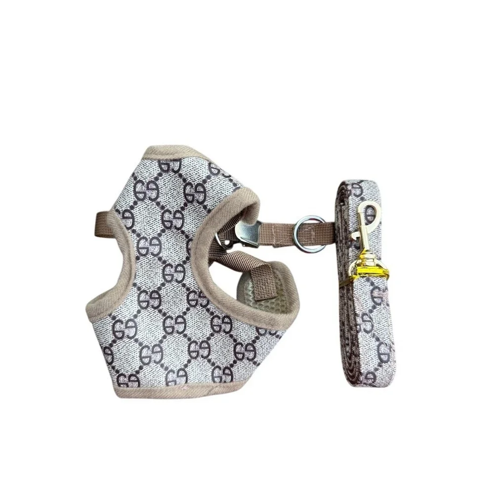 Print Soft Faux Leather Dog Harness Vest & Matching Leash Set Beige Tan S
